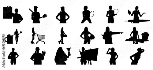 This image features a collection of black silhouettes of women engaged in a range of everyday activities.
