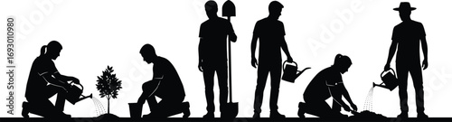 Gardening silhouette illustration of people planting, watering, and working together in nature for agriculture, teamwork, and environmental vector design