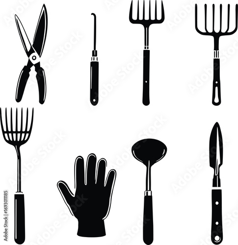 (72)Gardening tool icon set with pruning shears, pitchforks, shovel, trowel, gloves and weeding equipment in black and white style