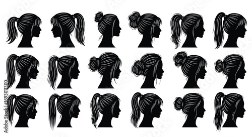 Female hairstyle silhouette set with diverse profile views and styling highlights for fashion, character design, and vector illustration