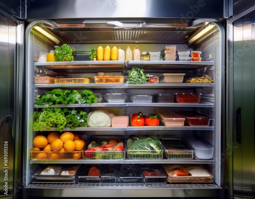fresh produce and ingredients organized on shelves in a commercial kitchen walk in refrigerator storage for restaurant use