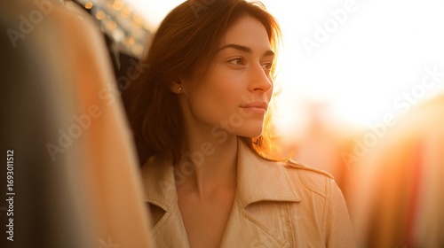 Sunlit reverie enfolds a contemplative woman of European descent amidst autumnal equinox shopping, invoking introspective wanderlust and Hygge charm