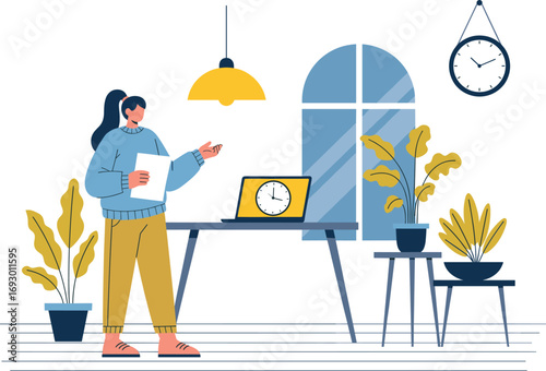 Stylized home office interior with person working at desk, laptop, paper, plants, window, clock, and pendant light decor.
