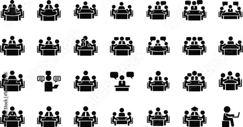 Black-and-white icon set showing meetings, discussions, teamwork, presentations, and collaborative activities in professional and educational environments