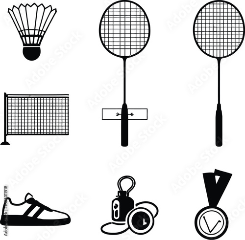 (77)Badminton icon set with rackets, shuttlecock, sports shoes, accessories and achievement symbols in black and white vector style