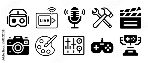 Collection of creative and entertainment icons in black silhouette style isolated on white background