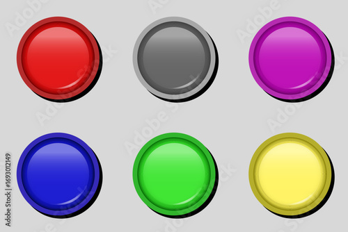 A large colorful, multicolored set of buttons or icons.Round plastic emblems, simple glossy icons.Vector illustration.