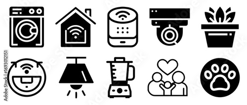 Collection of smart home technology icons including a washing machine house speaker security camera plant robot vacuum lamp blender family and paw print silhouette isolated on white background