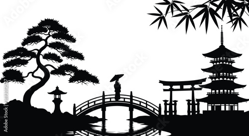 Traditional Japanese landscape silhouette with pine tree, torii gate, pagoda, bridge, umbrella figure, bamboo leaves, and stone lantern vector