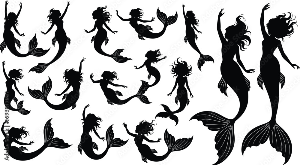 Fototapeta premium Mermaid silhouette illustration set with flowing hair and dynamic poses for fantasy, mythology, storytelling, and decorative vector design