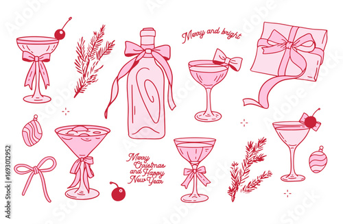 Coquette merry Christmas set, linear hand drawn New Year doodle party elements with pink ribbon bow. Winter holiday celebration bottle, elegant decoration cocktail glasses, fir branches and baubles.