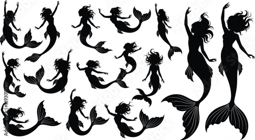 Mermaid silhouette illustration set with flowing hair and dynamic poses for fantasy, mythology, storytelling, and decorative vector design