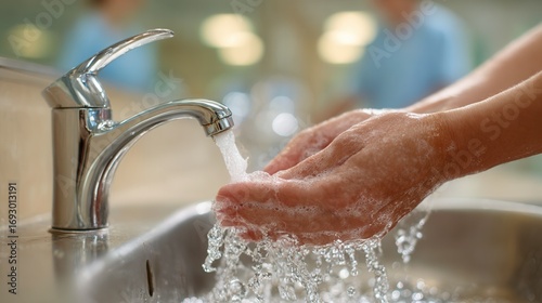 person washing hands with soap under faucet
