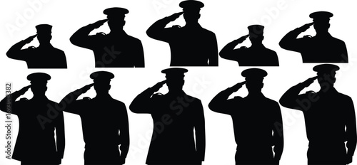 Military salute silhouette illustration set with side-profile figures in uniform for respect, discipline, ceremony, and vector design artwork