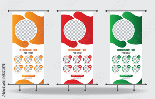 print-ready fast-food restaurant roll-up banner template,e Food rollup banner restaurant templat,e roll banner banners, template, food, restaurant, sandwich, fries, burger, business, cheese, chicken, 