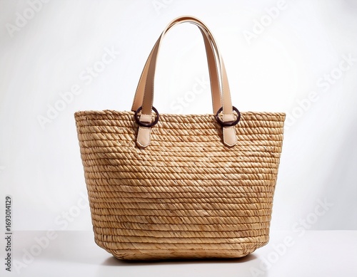 a woven straw tote bag isolated on white background is perfect for beach trips and summer fashion