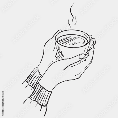 Hand drawn two hands in sweater holding hot cup of tea or coffee. Cafe design, warm beverage. Vector sketch illustration in vintage retro style. Winter food greeting card.