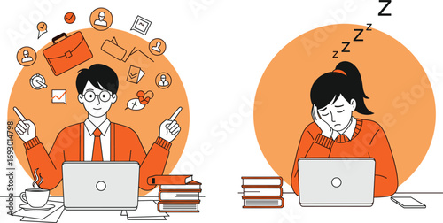 Contrast of productivity and fatigue in office scene with laptops, icons, coffee, books, and emotional work attitudes in cartoon style.