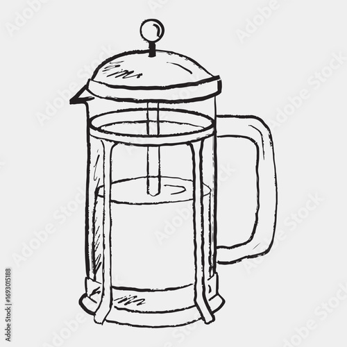 Retro french press for tea or coffee preparation in brush stroke texture isolated on white. Hand drawn vector sketch illustration in vintage charcoal ink. Hot beverage, drink concept, breakfast time.
