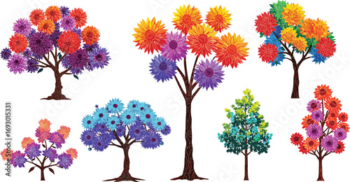 Colorful Fantasy Trees Collection, Digital Floral Art, Vibrant Nature Illustrations, Multicolored Foliage Design, Decorative Botanical Elements for Creative Projects and Backgrounds