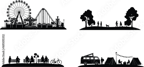 Outdoor recreation silhouette set with fairground, park, bench, and camping scenes for leisure, lifestyle, and black-and-white vector design