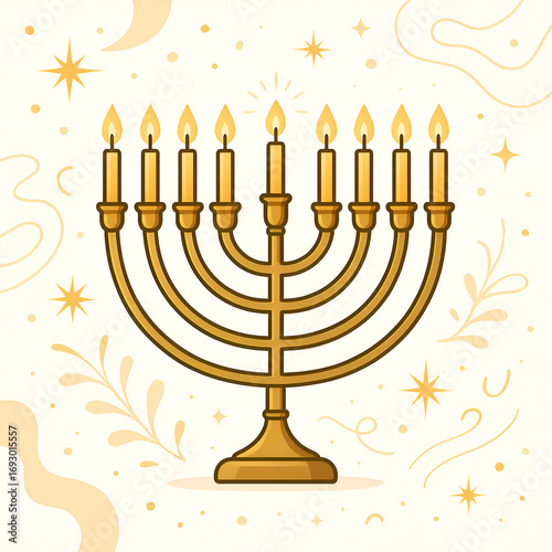 Greeting card illustration with menorah and festive ornaments.
