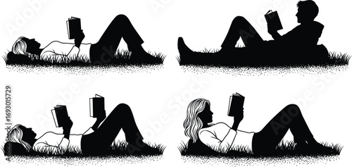 Black and white silhouette illustration of people reading books in relaxed poses on grass, perfect for leisure, education, and vector design