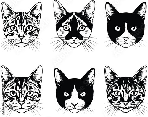 (103)Cat Face Pattern Grid – Black and White Vector Illustrations of Tabby, Tuxedo, and Patchwork Feline Expressions