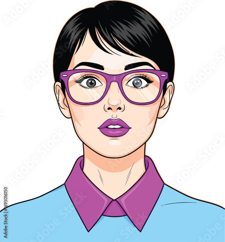 Surprised young woman with stylish glasses and bold lipstick looking forward with wide eyes.