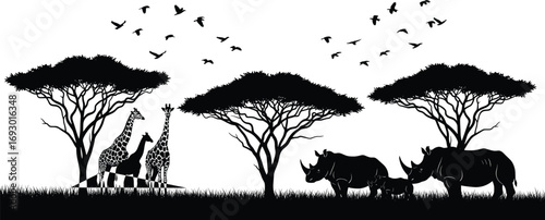 African savanna silhouette illustration with giraffes, rhinos, acacia trees, and birds for wildlife, nature, and vector ecosystem design