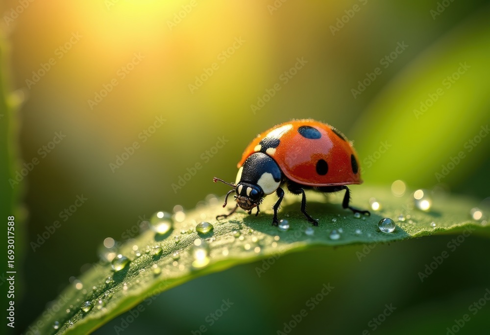 Fototapeta premium vibrant ladybug perched dewy leaf glimmering morning sunlight, macro, nature, green, bright, detail, wildlife, micro, flora, texture, waterdrop, garden