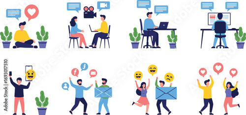 Modern digital communication and social media interaction with diverse people using smartphones, laptops, emojis, messages, and virtual technology platforms.