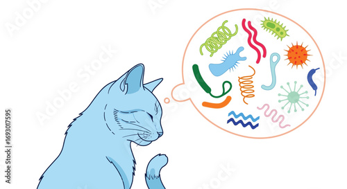 Curious cat contemplates colorful microbes and bacteria in a thought bubble