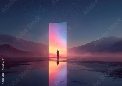 A figure stands before a vibrant portal in a serene, otherworldly landscape