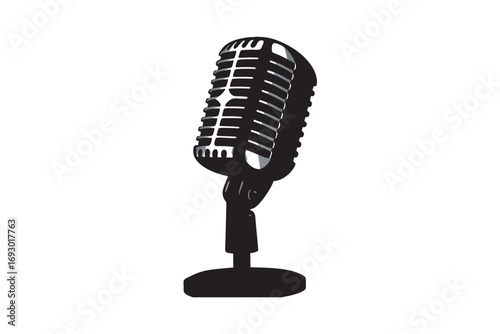 Vintage retro microphone silhouette on a stand isolated on a white background for music and broadcasting