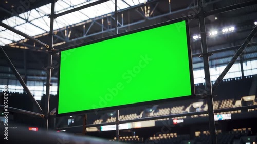 Empty Green Screen Billboard on Scaffolding Inside Stadium with Bright Lights