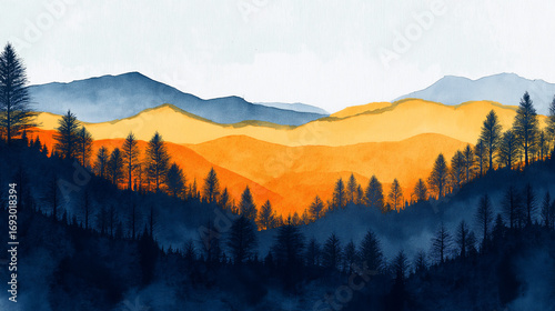 Layered watercolor sunset mountains with dark forest in foreground, atmospheric orange and blue landscape illustration