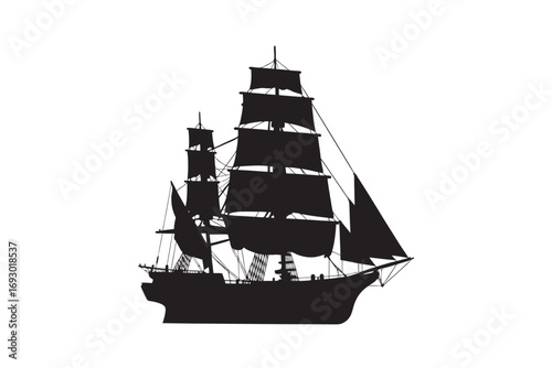 A majestic tall ship with full sails depicted as a bold black silhouette against a white background evoking adventure and history silhouette