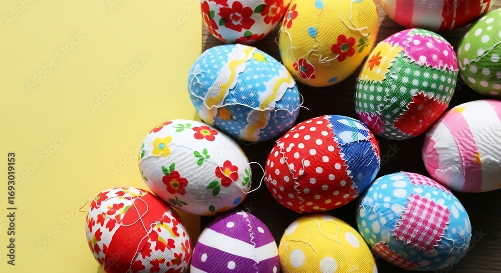 Obraz premium Colorful Fabric Easter Eggs on Yellow Background.