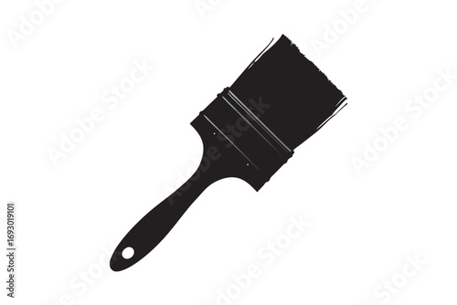 A black silhouette of a paint brush with a handle and bristles on a white background representing art and home improvement