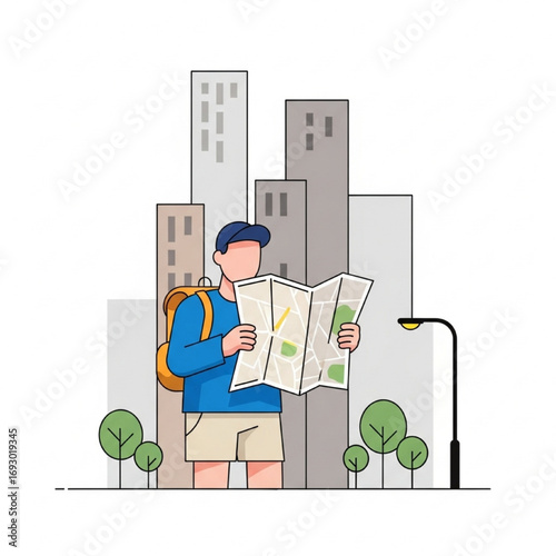 Lost in the City A Traveler's Quest with Map and Backpack