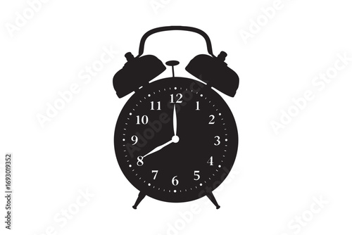 Classic retro twin bell alarm clock with hands showing time against a white background silhouette