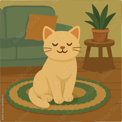 yellow cat sitting calmly with closed eyes on a round green and yellow rug in a cozy living room with a sofa, pillow, and potted plant.