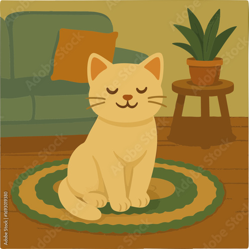 yellow cat sitting calmly with closed eyes on a round green and yellow rug in a cozy living room with a sofa, pillow, and potted plant.