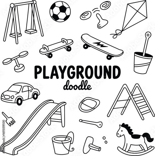(126)Playground Doodle Icon Set – Black and White Vector Illustrations of Swings, Toys, Slide, Skateboards, and Outdoor Fun