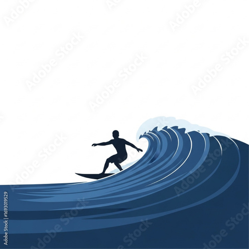 Dynamic illustration of a surfer expertly riding a powerful blue ocean wave, capturing the thrill of water sports