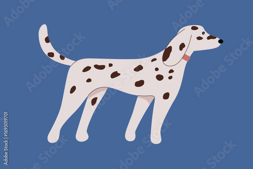 White Dalmatian dog with black spots in profile. Cute vector illustration in simple childish style for veterinary clinic design, pet food advertising, exhibition flyers.