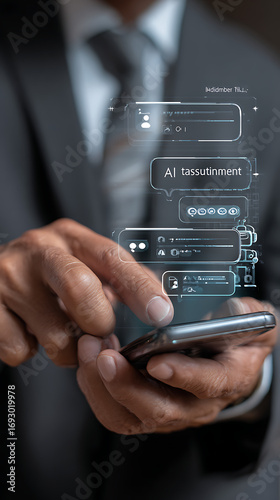 Closeup of Male Hands Using Smartphone with A I Chat Interface Overlay Showing Digital Communication and Data Interaction