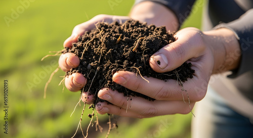 Close-up of hands cupping rich, dark soil with visible roots and a hint of green background suggesting growth and fertility for agriculture or gardening concepts.