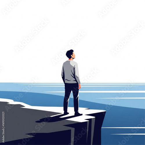 Man standing on a cliff edge looking out at the vast ocean, contemplating the future